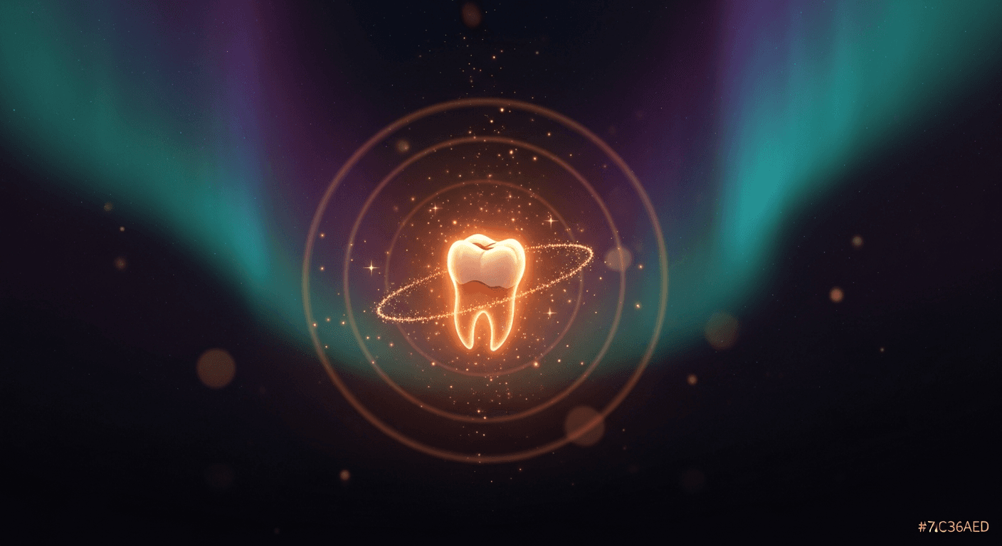 A Toothlight — the sealed capsule as a glowing tooth with a golden orbit